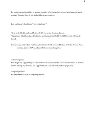 Do socioeconomic inequalities in neonatal mortality reflect inequalities in coverage of maternal health services? Evidence from 48 low- and middle-income countries thumbnail