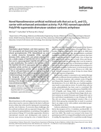 Novel Nanodimension artificial red blood cells that act as O 2 and CO 2 carrier with enhanced antioxidant activity thumbnail