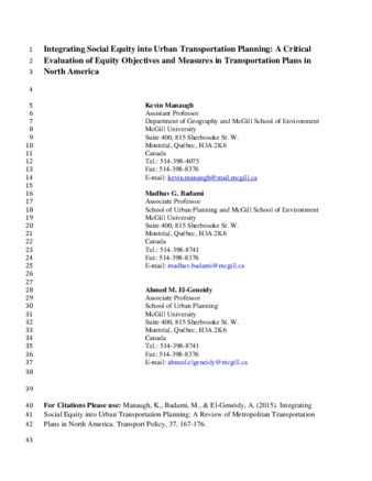 Integrating social equity into urban transportation planning: A critical evaluation of equity objectives and measures in transportation plans in North America thumbnail