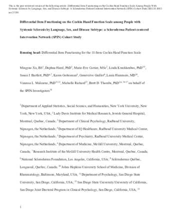 Differential Item Functioning on the Cochin Hand Function Scale among People with Systemic Sclerosis by Language, Sex, and Disease Subtype: a Scleroderma Patient-centered Intervention Network (SPIN) Cohort Study  thumbnail