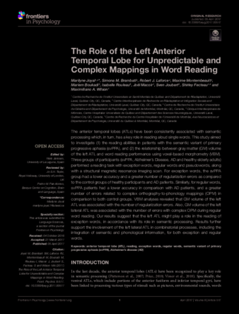 The Role of the Left Anterior Temporal Lobe for Unpredictable and Complex Mappings in Word Reading thumbnail