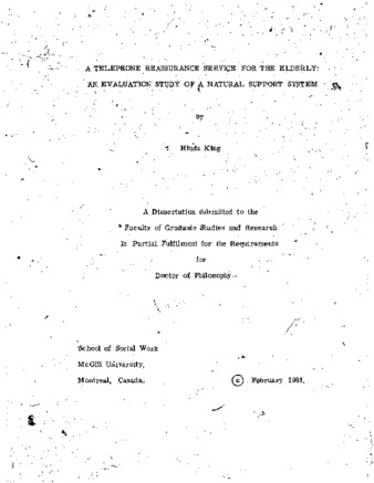 A telephone reassurance service for the elderly : an evaluation study of a natural support system thumbnail