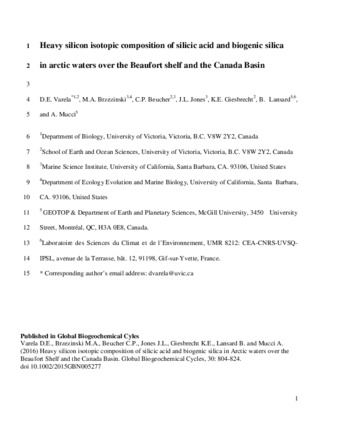 Heavy silicon isotopic composition of silicic acid and biogenic silicain arctic waters over the Beaufort shelf and the Canada Basin thumbnail