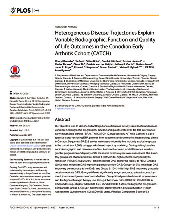 Heterogeneous Disease Trajectories Explain Variable Radiographic, Function and Quality of Life Outcomes in the Canadian Early Arthritis Cohort (CATCH) thumbnail