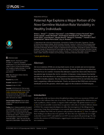 Paternal Age Explains a Major Portion of De Novo Germline Mutation Rate Variability in Healthy Individuals thumbnail