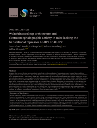 Wakefulness sleep architecture and electroencephalographic activity in mice lacking the translational repressor 4E-BP1 or 4E-BP2. thumbnail