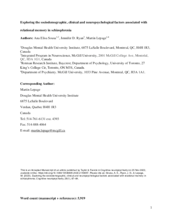 Exploring the sociodemographic, clinical and neuropsychological factors associated with relational memory in schizophrenia  thumbnail