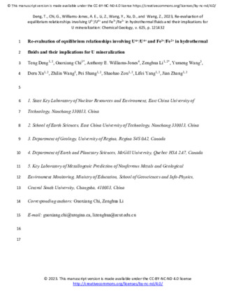 Re-evaluation of equilibrium relationships involving U6+/U4+ and Fe3+/Fe2+ in hydrothermal fluids and their implications for U mineralization thumbnail