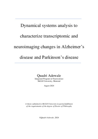 Dynamical systems analysis to characterize transcriptomic and neuroimaging changes in Alzheimer's disease and Parkinson's disease thumbnail