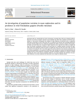 An investigation of population variation in maze exploration and its predictors in wild Trinidadian guppies (Poecilia reticulata) thumbnail