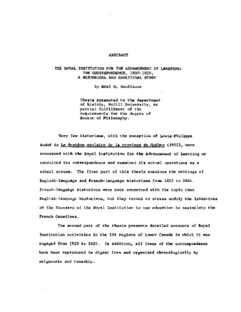 The Royal Institution for the Advancement of Learning : the correspondence, 1820-1829 : a historical and analytical study thumbnail