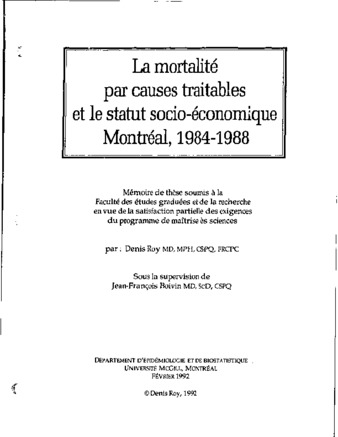 La mortalité par causes traitables et le statut socio-économique Montréal, 1984-1988 / thumbnail