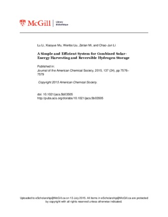 A Simple and Efficient System for Combined Solar-Energy Harvesting and Reversible Hydrogen Storage thumbnail