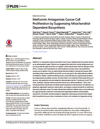 Metformin Antagonizes Cancer Cell Proliferation by Suppressing Mitochondrial-Dependent Biosynthesis thumbnail