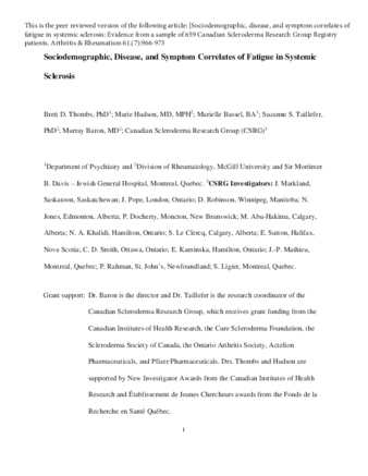 Sociodemographic, disease, and symptom correlates of fatigue in systemic sclerosis: evidence from a sample of 659 Canadian Scleroderma Research Group Registry patients thumbnail