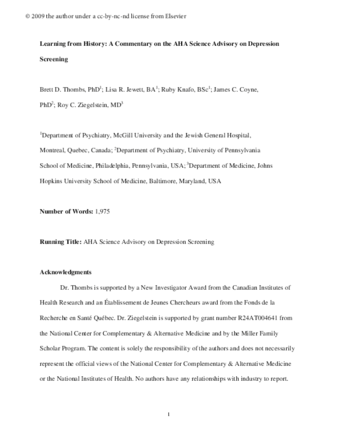 Learning from History: A Commentary on the AHA Science Advisory on Depression Screening thumbnail