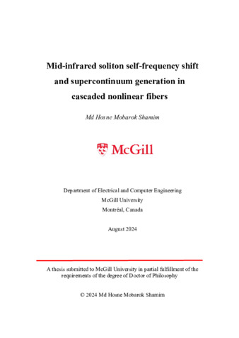 Mid-infrared soliton self-frequency shift and supercontinuum generation in cascaded nonlinear fibers thumbnail