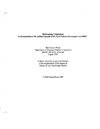 Modernizing colonialism : an examination of the political agenda of the First Nations Governance Act (2002) thumbnail