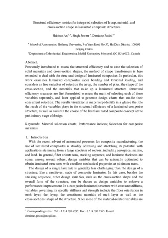 Structural efficiency metrics for integrated selection of layup, material, and cross-section shape in laminated composite structures thumbnail