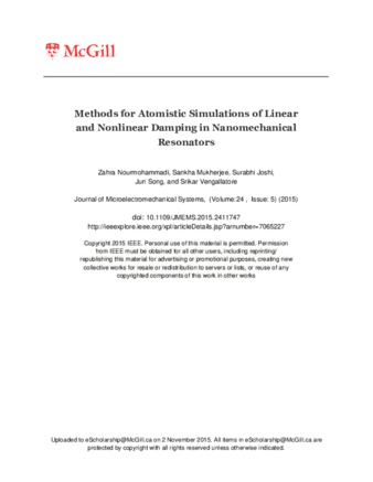 Methods for Atomistic Simulations of Linear and Nonlinear Damping in Nanomechanical Resonators thumbnail
