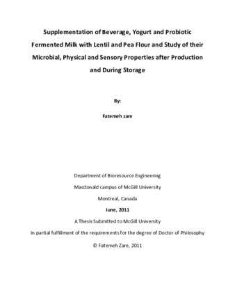 Supplementation of beverage, yogurt and probiotic fermented milk with lentil flour and pea flour and study of the microbial, physical and sensory properties of supplemented products after production during storage thumbnail