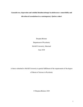 Cannabis use, depression and suicidal ideation/attempt in adolescence:comorbidity and direction of associations in a contemporary Quebec cohort thumbnail