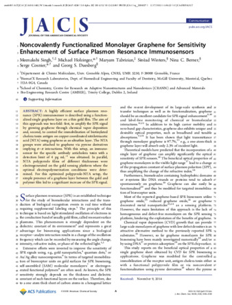 Noncovalently Functionalized Monolayer Graphene for Sensitivity 2 Enhancement of Surface Plasmon Resonance Immunosensors thumbnail