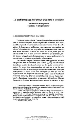 La problématique de l'amour-éros dans le stoïcisme: Confrontation de fragments, paradoxes et interprétations thumbnail