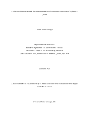 Evaluation of prediction models for Sclerotinia stem rot (Sclerotinia sclerotiorum) of soybean (Glycine max) in Quebec thumbnail