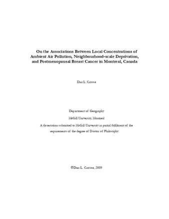 On the associations between local concentrations of ambient air pollution, neighbourhood-scale deprivation, and postmenopausal breast cancer in Montreal, Canada thumbnail