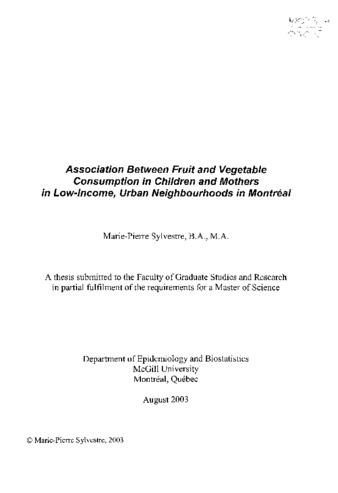 Association between fruit and vegetable consumption in children and mothers in low-income, urban neighbourhoods in Montréal thumbnail