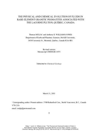 The physical and chemical evolution of fluids in rare-element granitic pegmatites associated with the Lacorne pluton, Quebec, Canada. thumbnail