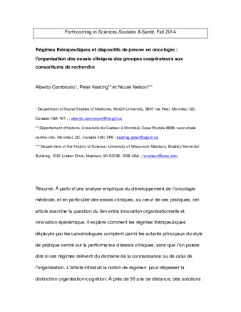 Régimes thérapeutiques et dispositifs de preuve en oncologie: l'organisation des essais cliniques des groupes coopérateurs aux consortiums de recherche thumbnail