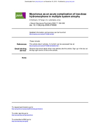 Myoclonus as an acute complication of low-dose hydromorphone in multiple system atrophy thumbnail