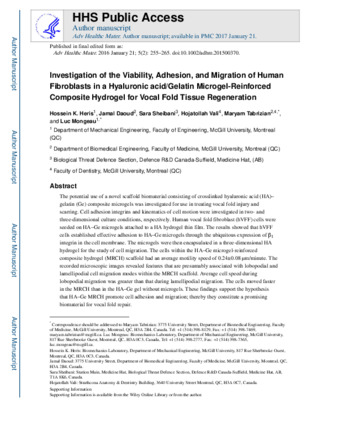 Investigation of the Viability, Adhesion, and Migration of Human Fibroblasts in a Hyaluronic Acid/Gelatin Microgel-Reinforced Composite Hydrogel for Vocal Fold Tissue Regeneration thumbnail