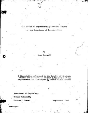 The effect of experimentally induced anxiety on the experience of pressure pain / thumbnail