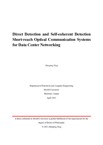 Direct detection and self-coherent detection short-reach optical communication systems for data center networking thumbnail