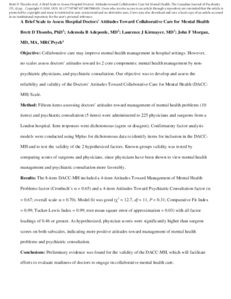 A Brief Scale to Assess Hospital Doctors’ Attitudes Toward Collaborative Care for Mental Health thumbnail