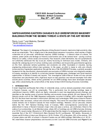 Safeguarding Eastern Canada's Old Unreinforced Masonry Buildings from the Seismic Threat: A State-of-the-Art Review thumbnail