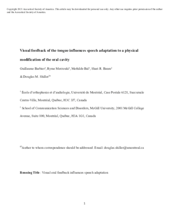 Visual feedback of the tongue influences speech adaptation to a physical modification of the oral cavity thumbnail