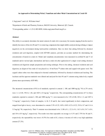 An approach to determining nickel, vanadium and other metal concentrations in crude oil thumbnail