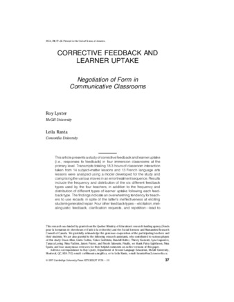 Corrective Feedback and Learner Uptake: Negotiation of Form in Communicative Classrooms thumbnail