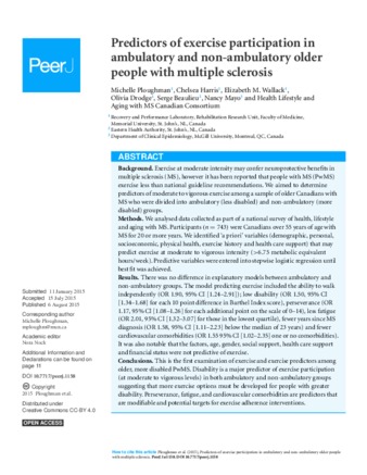 Predictors of exercise participation in ambulatory and non-ambulatory older people with multiple sclerosis thumbnail