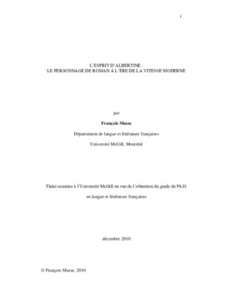 L'Esprit d'Albertine: le personnage de roman à l'ère de la vitesse moderne thumbnail