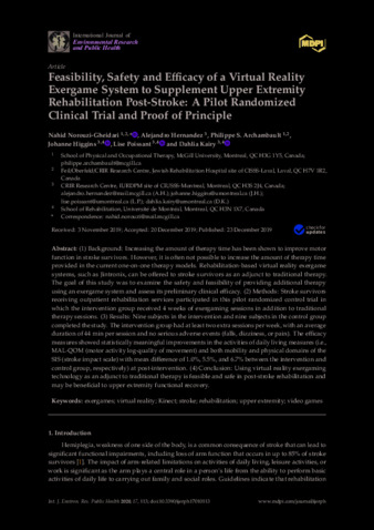 Feasibility, Safety and Efficacy of a Virtual Reality Exergame System to Supplement Upper Extremity Rehabilitation Post-Stroke: A Pilot Randomized Clinical Trial and Proof of Principle thumbnail