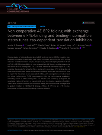 Non-cooperative 4E-BP2 folding with exchange between eIF4E-binding and binding-incompatible states tunes cap-dependent translation inhibition thumbnail