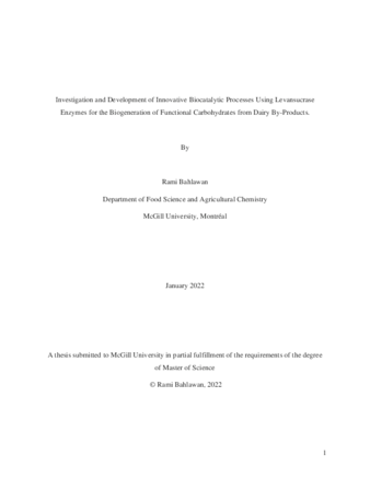 Investigation and development of innovative biocatalytic processes using Levansucrase enzymes for the biogeneration of functional carbohydrates from dairy by-products. thumbnail