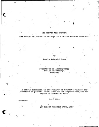 My nerves are broken : the social relations of illness in a Greek-Canadian community thumbnail