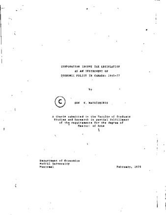 Corporation income tax legislation as an instrument of economic policy in Canada, 1945-1977 thumbnail