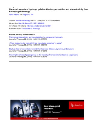 Universal aspects of hydrogel gelation kinetics, percolation and viscoelasticity from PA-hydrogel rheology thumbnail